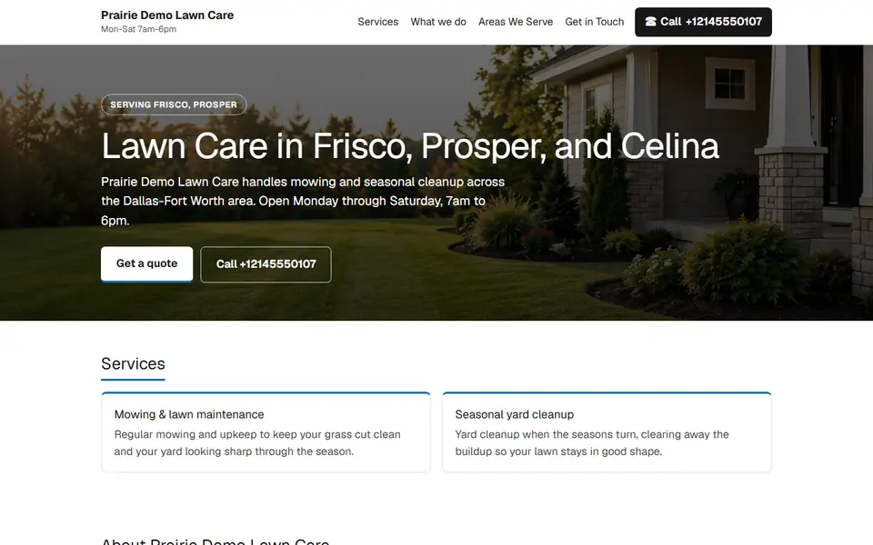 A sample lawn care website built by our system, shown on a laptop and a phone