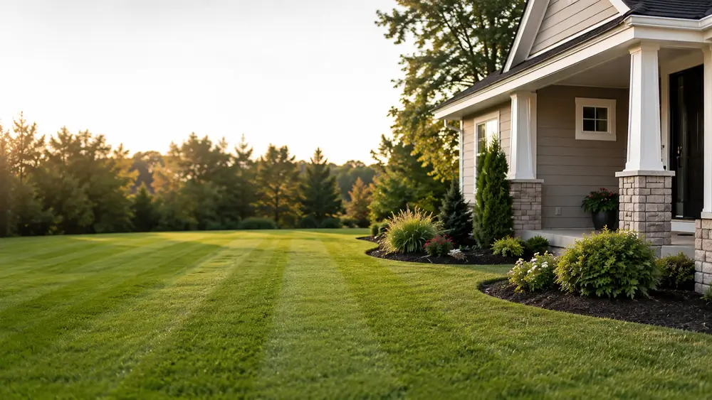 A landscaped lawn and garden in warm evening light